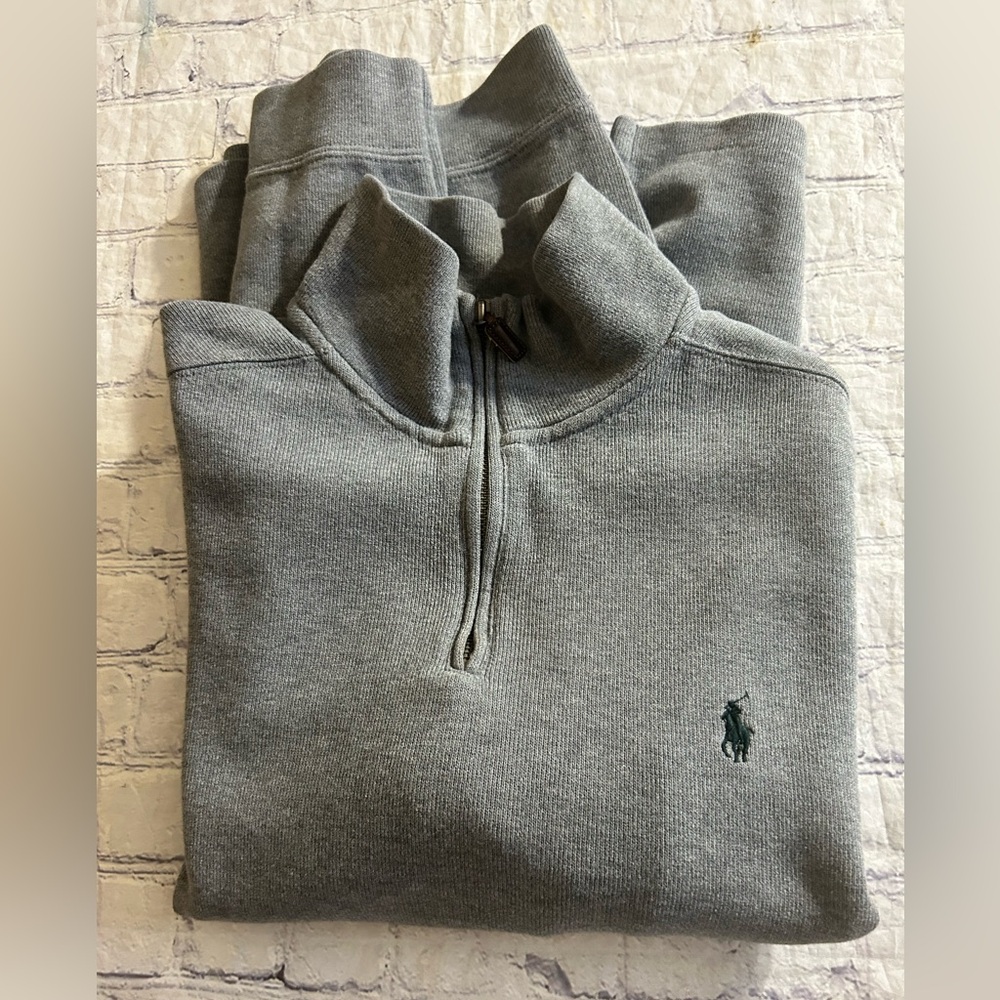 POLO BY RALPH LAUREN 100% COTTON GREY WITH DK GREEN RIDER QUARTER ZIP SWEATER XL